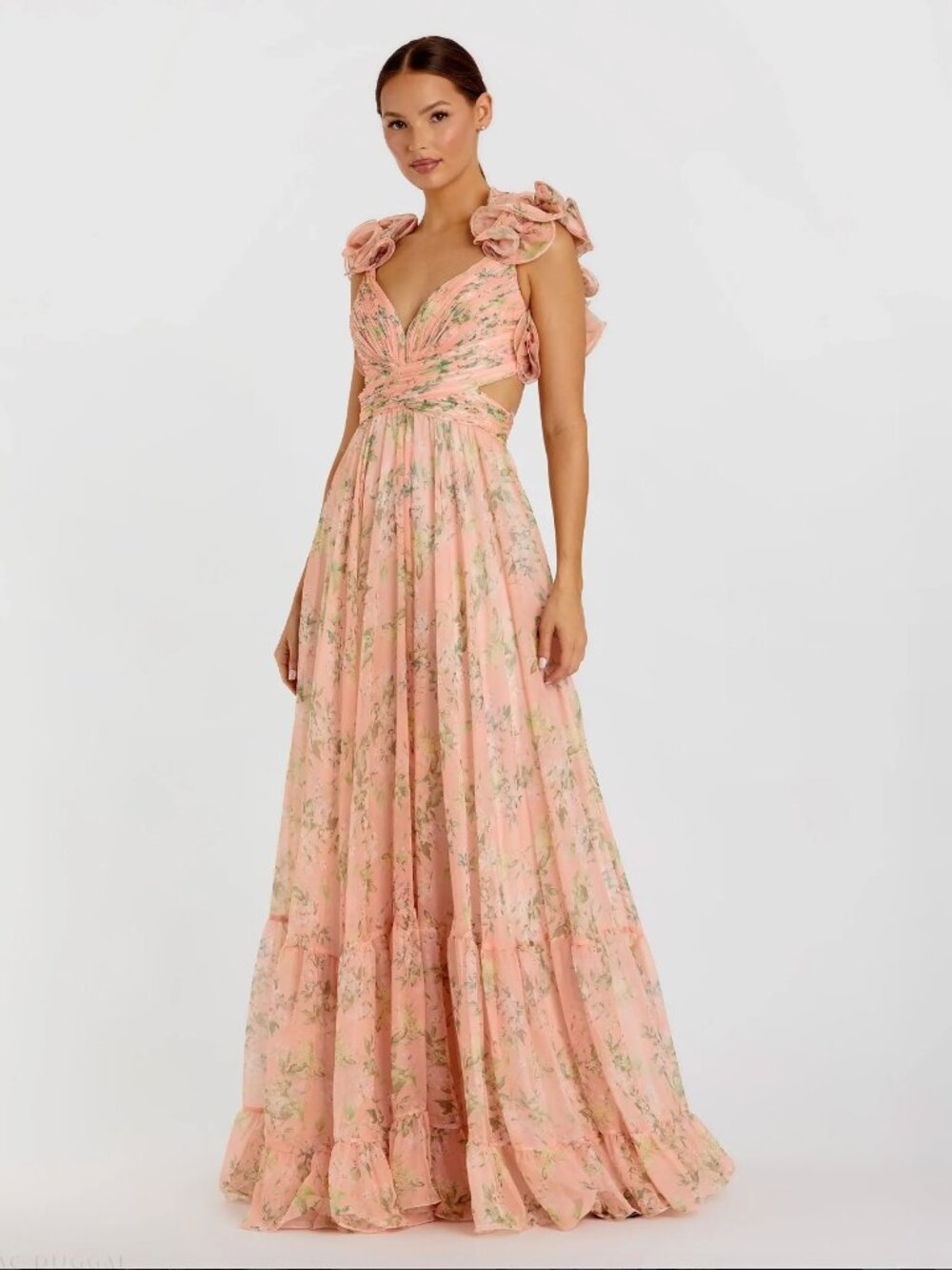 Mac Duggal Pink Ruffle Tiered Cut-Out Chiffon Gown in Size 2